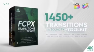 【FCPX插件】1450个冲击缩放旋转弹跳平移滑动扭曲变形抖动水墨转场特效文字标题动画+音效/4K炫光素材 Transitions and Sound FX + Bonus v7.2