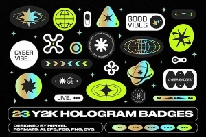 【矢量素材】23款趣味复古Y2K全息徽标Logo贴纸图标AI设计矢量素材 Y2K Hologram Badge Stickers
