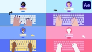【AE模板】卡通键盘手动输入账号密码登录界面MG动画 Hands Keyboard Log In Explainer