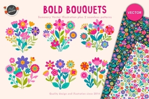 【矢量素材】夏日鲜艳花卉花束插图绘画及无缝纹理图案矢量素材 Bold Bouquets