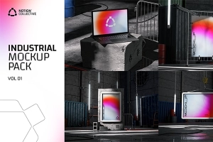 【PS样机】4款现代工业品牌展示厂区形象宣传展板PSD模板 Notion Collective – Industrial Mockups vol. 01