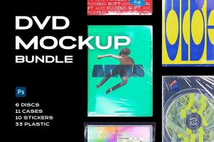 【PS样机】60个DVD光盘包装盒封面设计塑料膜覆盖标签广告贴图PS样机素材 DVD Case Mockup Template Bundle Disc