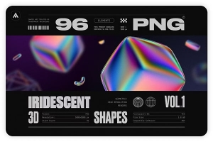 【PNG素材】96个3D渲染全息镭射彩虹渐变金属立体几何图形元素PNG设计素材 Iridescent Geometric 3D Shapes vol.1