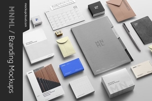 【PS样机】28款商业办公时尚文具品牌VI卡片画册档案元素PS贴图样机 MNML / Branding Mockup Kit