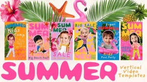 【AE模板】6款夏季儿童游乐亲子活动产品宣传推广竖屏社交媒体展示动画 Summer Kids Reels