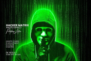 【PS动作】神秘黑客数字代码矩阵背景人像发光效果PS动作 Hacker Matrix Photo Effects