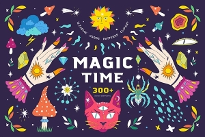 【矢量素材】300+魔法时间钻石树叶天体星球奇异生物花卉线条手绘插画卡片海报AI矢量素材 Magic Time
