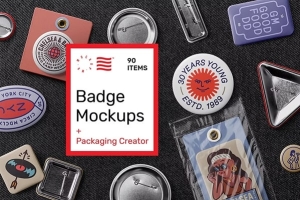 【PS样机】90个金属搪瓷珐琅徽章胸章3D文创品牌VI设计展示样机 Badge Mockups – Packaging Creator