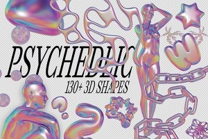 【PNG素材】130+迷幻抽象蒸汽波普艺术渐变纹理3D几何数字概念图形插画海报设计PNG素材 Psychedelic – 130+ 3D Shapes