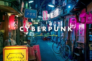 【PSD模板】赛博朋克霓虹城市夜景灯光浪漫科幻效果PSD模板 Cyberpunk Distortion Photo Effect