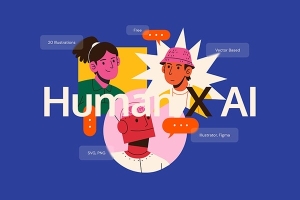 【矢量素材】20款AI人工智能人机互动思考生产艺术插画创意设计矢量素材 Human X AI Vector Illustrations