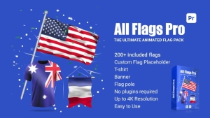 【PR模板】世界国家地区国旗旗帜飘扬彩屑粒子背景动画 All Flags Pro for Premiere Pro