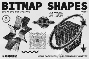 【矢量素材】96款复古艺术半色调抽象艺术噪点颗粒肌理几何星星箭头图形元素Ai矢量设计素材 Bitmap Vector Shapes. Part 1