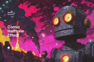 【PSD模板】创意复古半色调网点漫画艺术风格照片特效 Retrofuturistic Comic Halftone Photo Effect