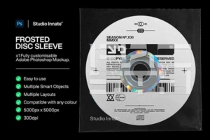 【PS样机】复古音乐专辑CD光盘塑膜包装封面设计展示贴图样机 Studio Innate – Frosted Disc Sleeve