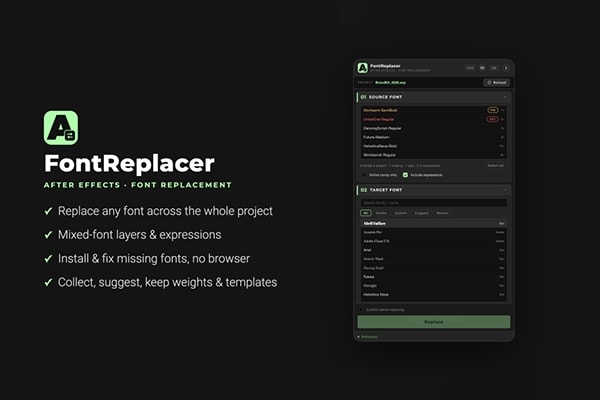 【AE脚本】AE项目工程字体管理批量替换工具 FontReplacer v1.0.0 汉化版