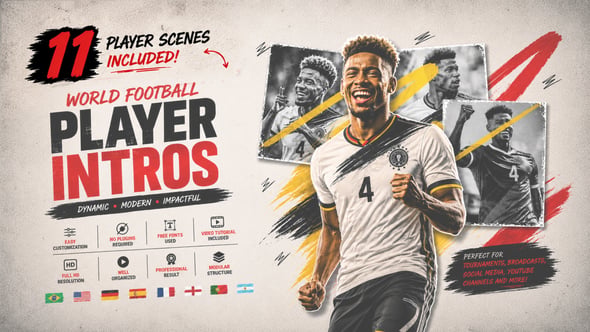 【AE模板】世界杯足球比赛运动员人物介绍开场片头动画 World Football Player Intros
